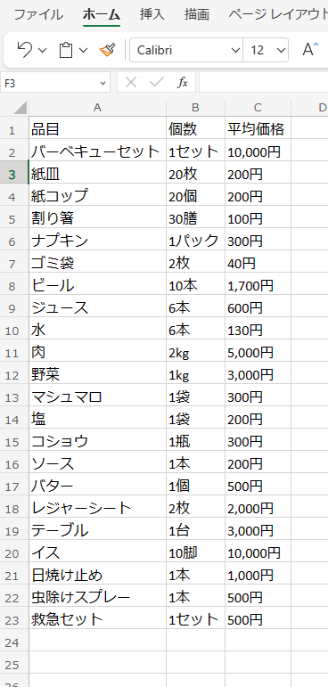 出力されたexcel